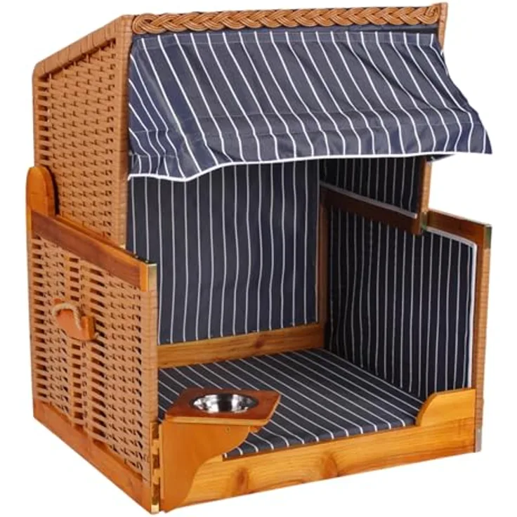 MR. DEKO® Hundestrandkorb Wacholder PE Beige, Dessin blau gestreift, wetterfest mit Sonnenschutz, integrierten schwenkbaren Futternapf und Edelstahlwassernapf, für Hunde und Katzen, Maße 80 x 65 x 95 cm