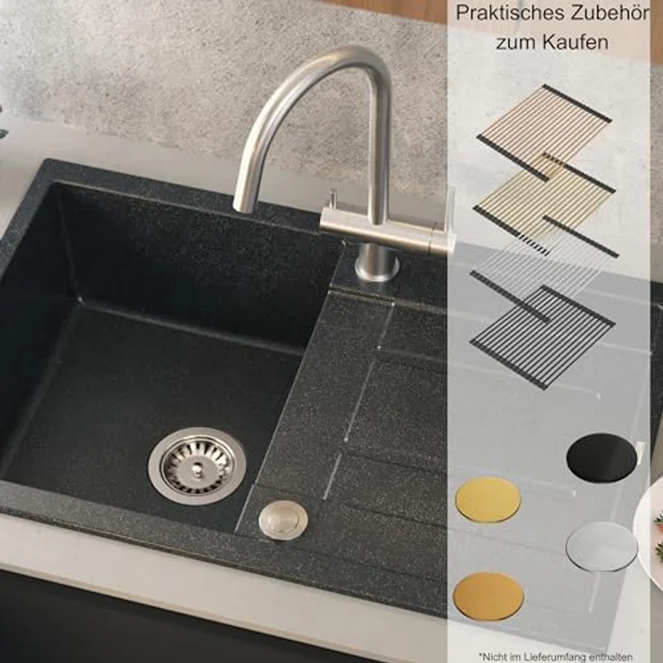 Quadron MORGAN 111 Granitspüle, 78 x 50 x 22 cm, grau, Einzelbecken mit Abtropffläche und Hahnloch – Bild 4