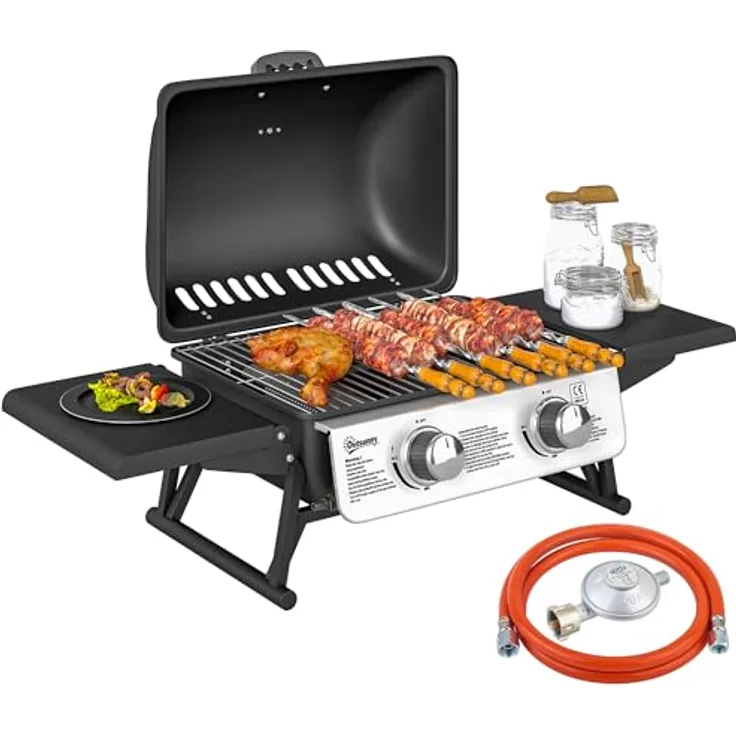 Outsunny Gasgrill 5,6 KW Gas-Grill inkl 2 Edelstahl-Brenner klappbar Seitenablagen Deckel Thermometer, BBQ Gartengrill für Balkon, Camping-Grill 101 x 48 x 41 cm
