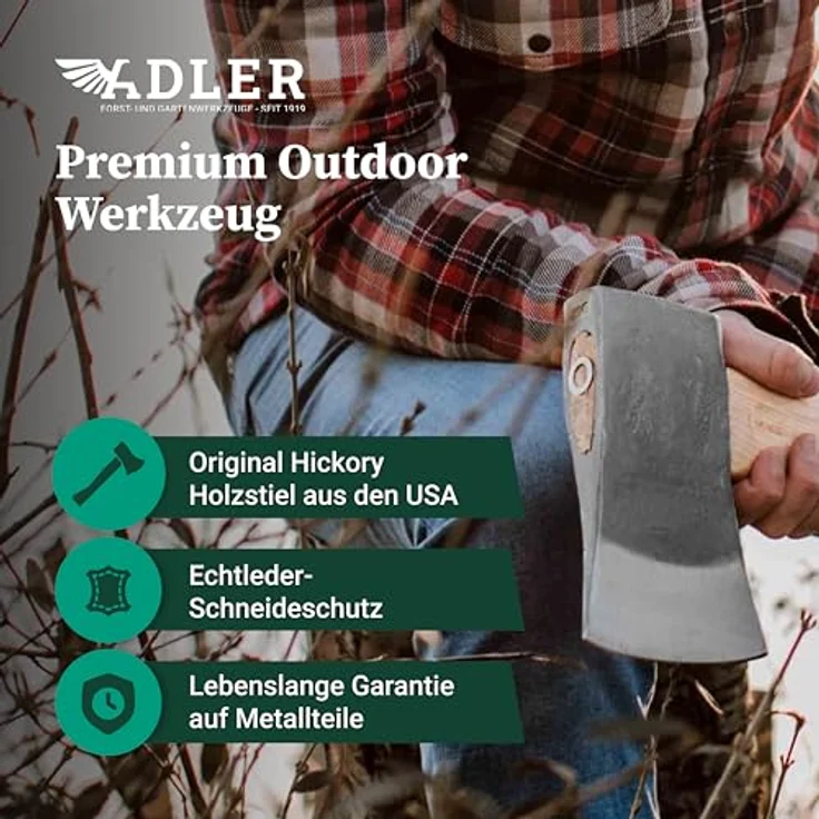 Adler Yankeeaxt inkl. Lederschutz: Geschmiedete Forst- & Spaltaxt, C60-Stahlkopf, 80 cm Hickory-Stiel, Rot/schwarz, 1,6 kg – Bild 5