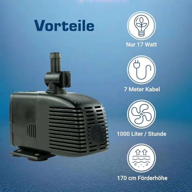 KERRY Wasserpumpe 12 V – 1000 L/H | 17 Watt | 7m Kabel | 170 cm Förderhöhe | Schwarz | Teichpumpe | Wasserspielpumpe | Zimmerbrunnen | Brunnenpumpe | Springbrunnen-Pumpe – Bild 3