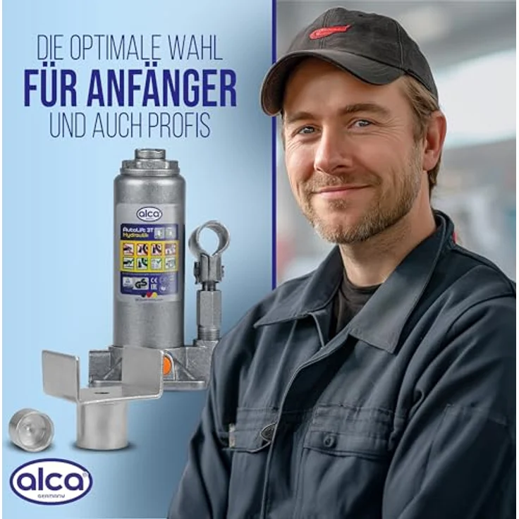 alca® hydraulischer Wagenheber 3t mit U-Adapter, Stempelwagenheber aus Stahl, Hubhöhe 195–380 mm, stabiler Autoheber für PKW, SUV, Transporter, silber-graue Optik, schont empfindliche Fahrzeugteile – Bild 8