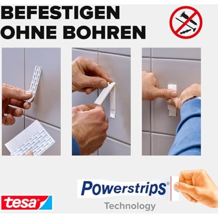 tesa Powerstrips Klebestreifen (für Fliesen und Metall 3 kg, Doppelseitige Streifen für feste, glatte Flächen, bis zu 3 kg Halteleistung pro Streifen) 6 Stück - Preisvergleich – Bild 4
