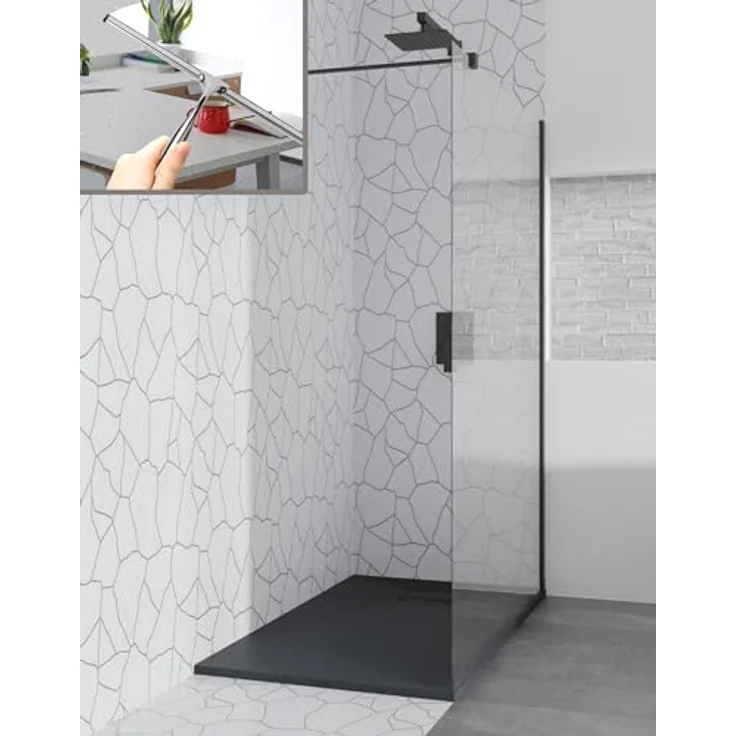 BAD LAND Walk-In Dusche KETIL 140x195 + Duschwanne VIDAR 90x160, Duschabtrennung Transparent Nano Glas, Duschtasse Rechteck Schwarz Steinoptik SMC mit Siphon Ø 90 mm – Bild 1
