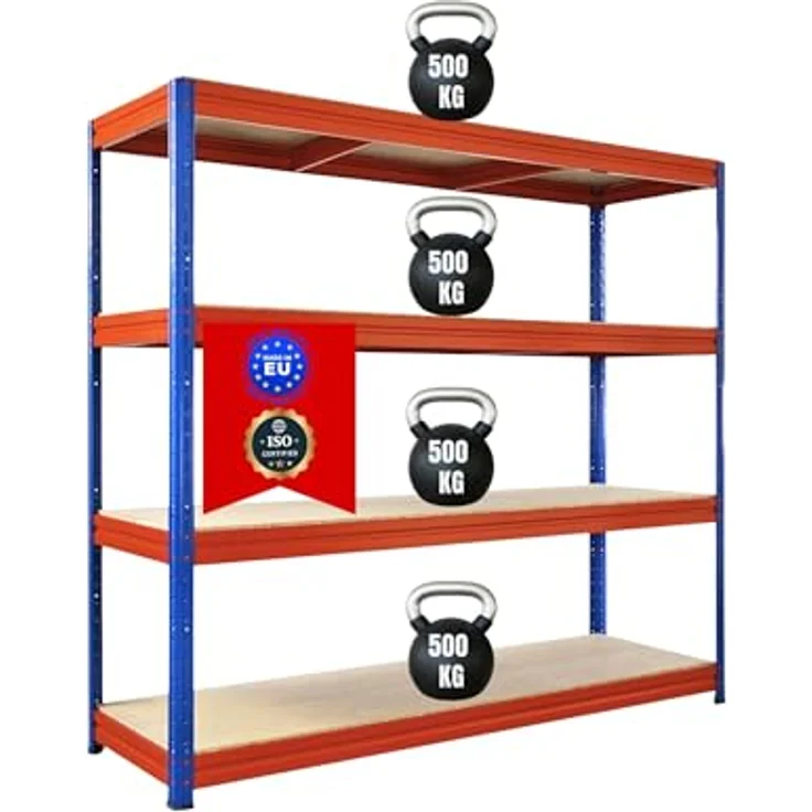 Proregal Schwerlastregal DINO, 180 x 200 x 60 cm, 4 Böden, Traglast 500 kg, Blau-Orange – Bild 1