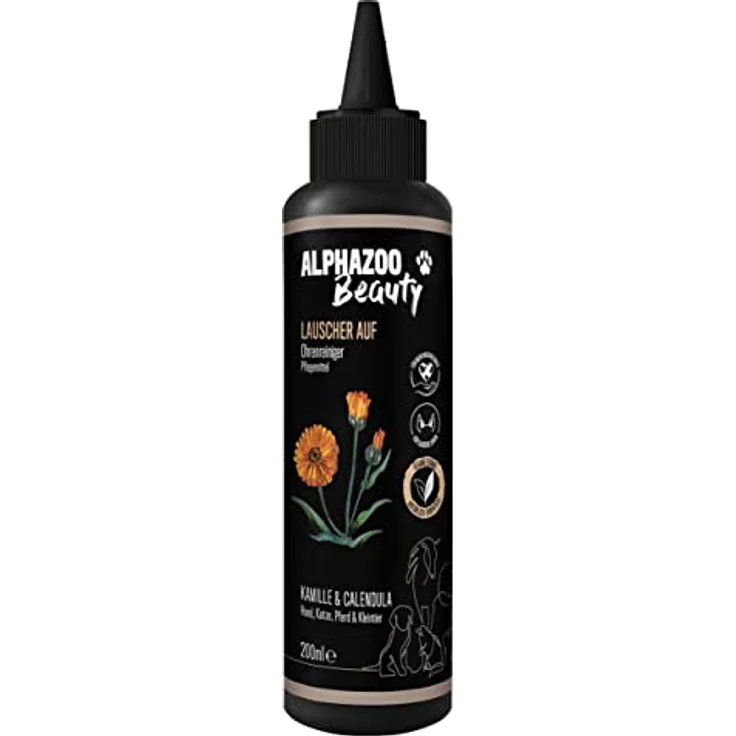 alphazoo Ohrenreiniger Hund, Katze & Pferd 200 ml I Kamille Calendula I Milder Ohrenschmalz Entferner I Ohr Reiniger zur Ohrenpflege oder Ohrenspülung – Bild 1