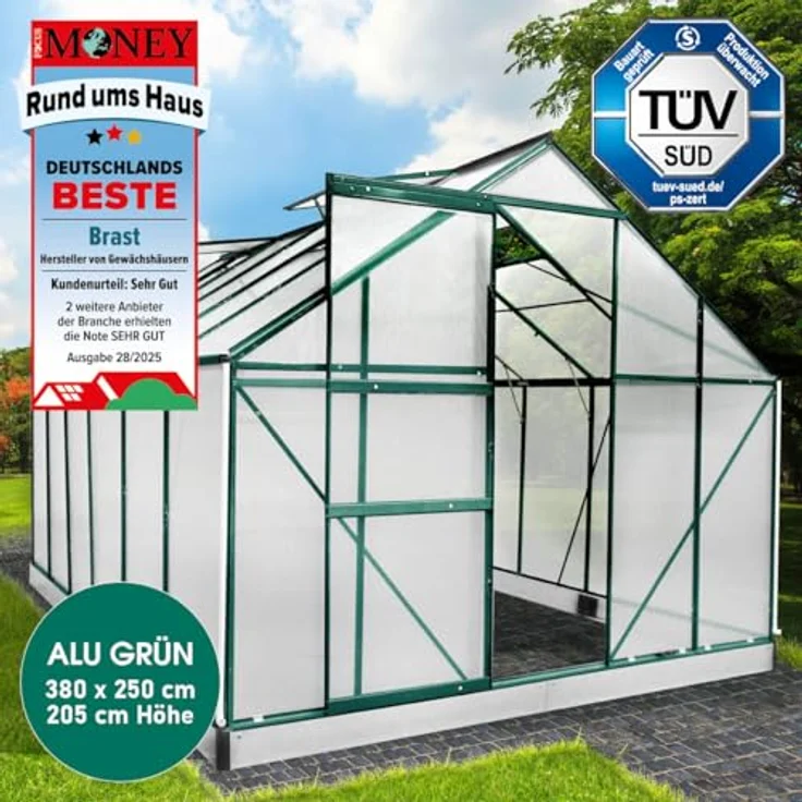 BRAST Gewächshaus Aluminium mit Fundament, 6mm Hohlkammerplatten, rostfrei und wetterfest, TÜV geprüft, 380x250x205cm, grün – Bild 2