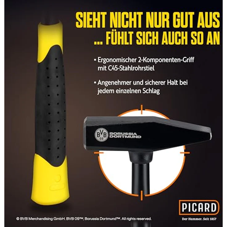 PICARD Hammer Montagehammer RS301, 500g Schlosserhammer mit schwarz-gelackt Kopf und ergonomischem 2K Griff im BVB-Look – Bild 4
