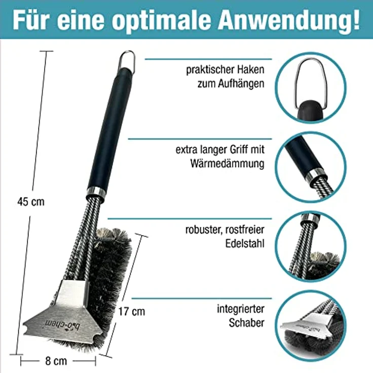 bio-chem Grillreiniger Set 4-teilig: Rauchharz-Entferner 500 ml + Edelstahlpflege 750 ml + Grillbürste + Mikrofasertuch - Zur effizienten Reinigung & Pflege von Grill, Grillrost, Gasgrill, Gusseisen – Bild 3
