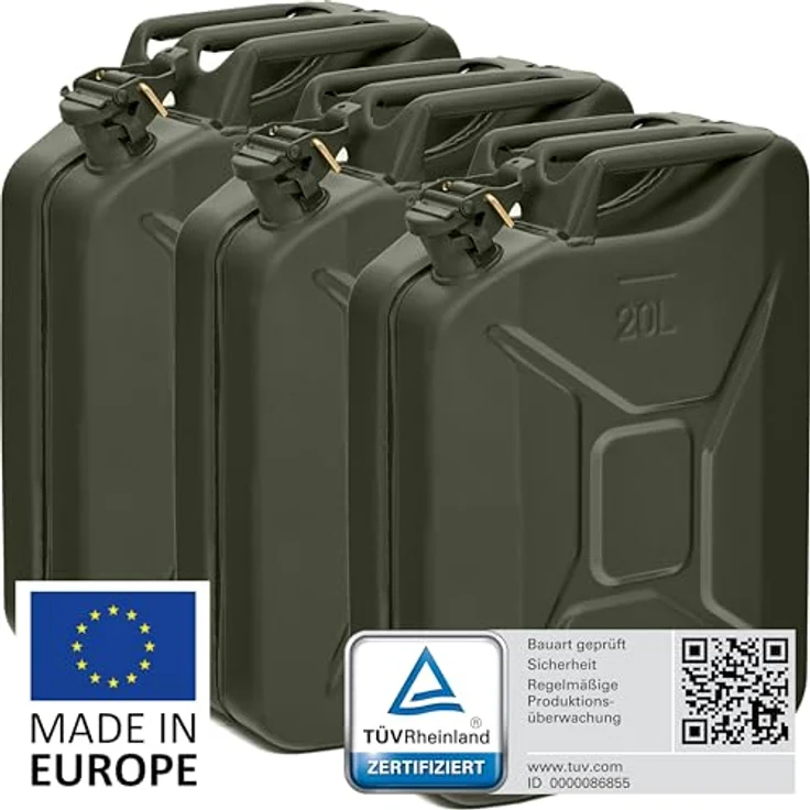 BW® Benzinkanister Metall 3x 20 Liter, Kraftstoffkanister Bronzegrün RAL 6031-F9, TÜV-geprüft, UN-zugelassen, 0,9mm Stahl für Benzin, Diesel, E10, 2-Takt, Made in Europe – Bild 2