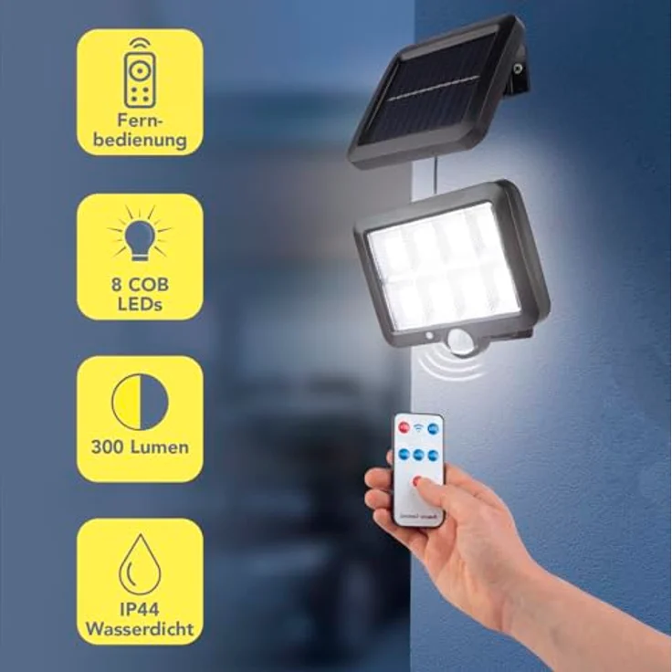 EASYmaxx Bewegungsmelder Solar-Strahler, 300 Lumen mit 8 COB-LEDs, mit Fernbedienung und Dämmerungssensor – Bild 2
