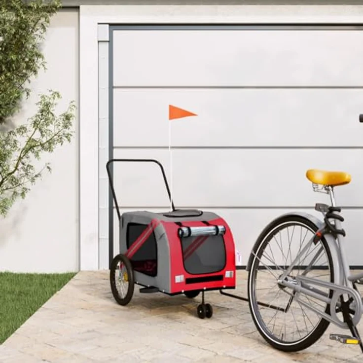 vidaXL Hunde-Transportbox Fahrradanhänger Hunde Rot und Grau Oxford-Gewebe und Eisen, mit PVC-Dach und Reflektoren – Bild 2
