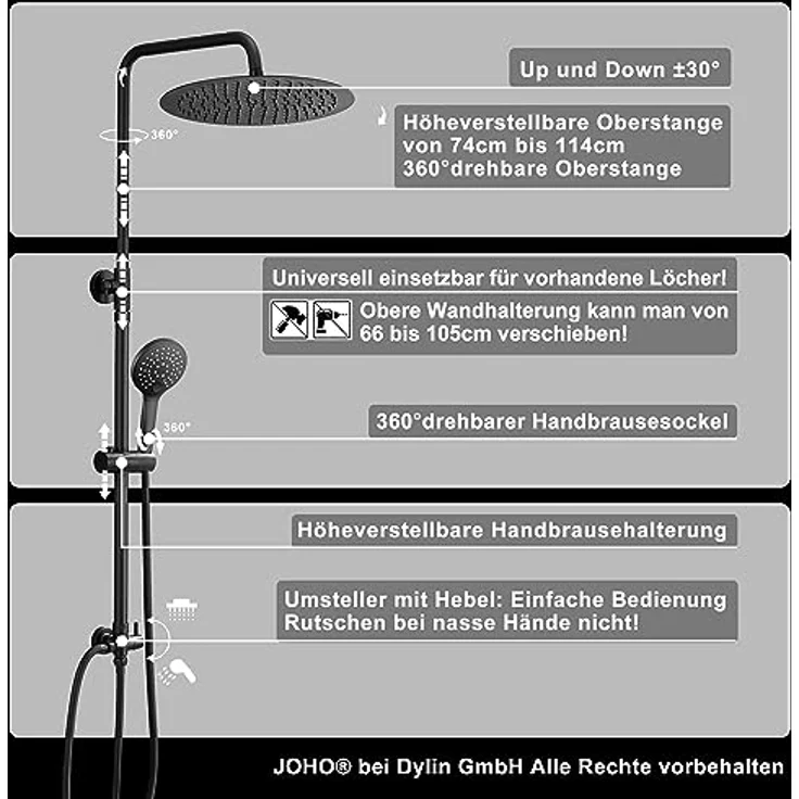JOHO Edelstahl Duschsystem mit 20 cm Regendusche, Hochwertige Handbrause mit 3 Strahlarten, Schwarz – Bild 5