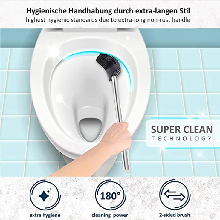 3in1 Toilettenbürste aus Silikon mit WC Bürsten Halter und Wandhalterung, Langer Stiel aus Edelstahl & Hygienisch mit Lamellen und Schaber – Toilettenbürstengarnitur für Badezimmer & Gäste-WC – Bild 4