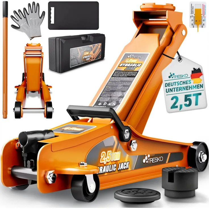 TRESKO Hydraulischer Wagenheber 2,5T mit Koffer, Rangierwagenheber mit Hubhöhe 85-385mm, flach für tiefergelegte Autos, 360° Rollen
