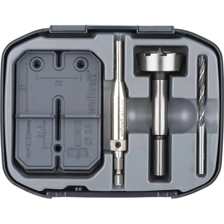 wolfcraft Scharnierloch-Set, 5-teilig mit Ø 35 mm Forstnerbohrer und Bohrschablonen für Topfscharniere – Bild 11
