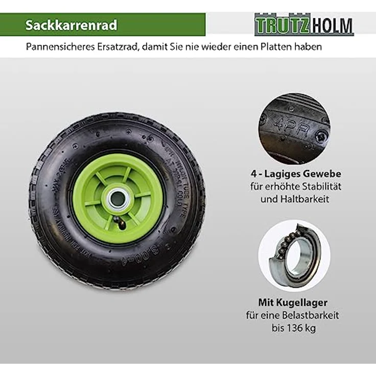 TRUTZHOLM Sackkarrenrad 260 x 85 mm 3.00-4 Bollerwagenrad, Luftrad, Ersatzrad, 4PR – Bild 2