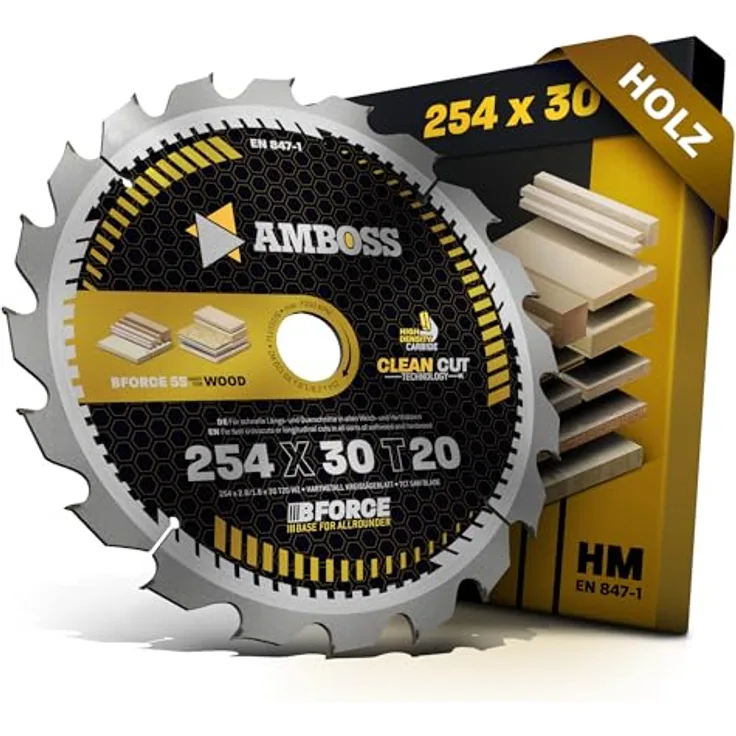 AMBOSS WERKZEUGE® HM Kreissägeblatt 254x30 Z20 Wechselzahn für Holz - Zuschnitt, passend für Bosch GTS 10. PTS 10. 100 T.GTS 254 Black & Decker BES720-QS Bosch GCM 18V-254. 350-254 - Clean Cut Technologie, professionelle Holzbearbeitung - Ø 254mm