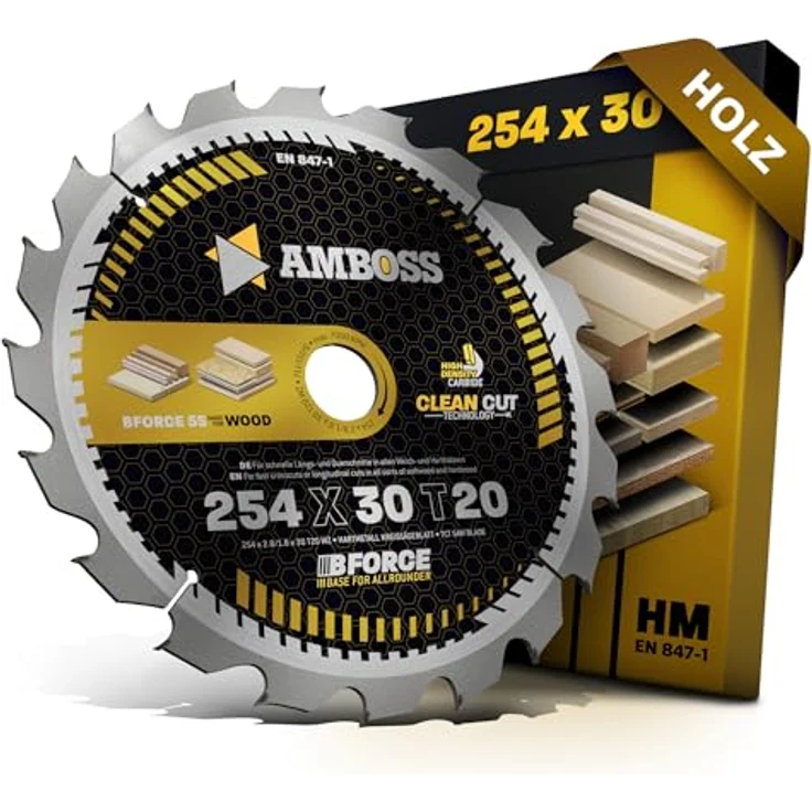 AMBOSS WERKZEUGE® HM Kreissägeblatt 254x30 Z20 Wechselzahn für Holz - Zuschnitt, passend für Bosch GTS 10. PTS 10. 100 T.GTS 254 Black & Decker BES720-QS Bosch GCM 18V-254. 350-254 - Clean Cut Technologie, professionelle Holzbearbeitung - Ø 254mm – Bild 1