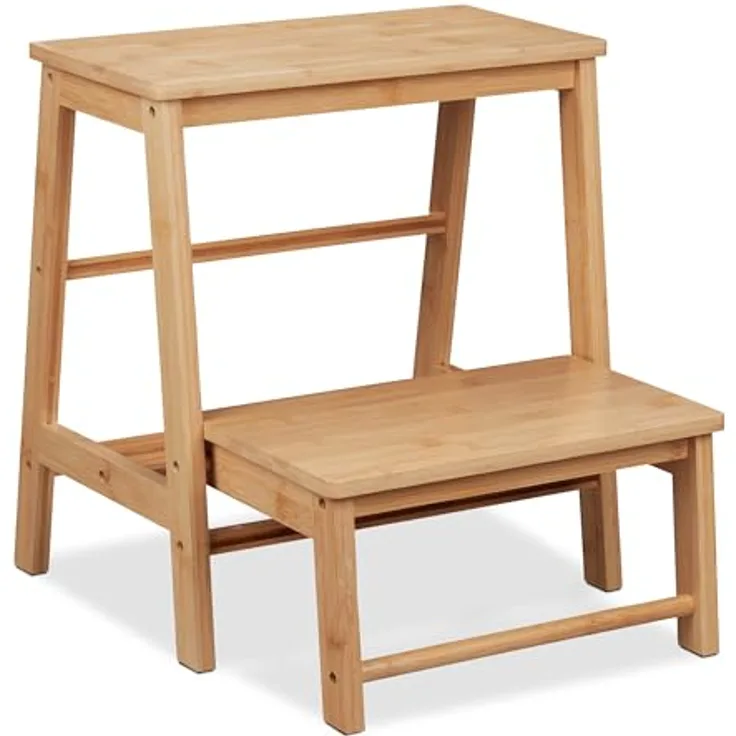 Relaxdays Tritthocker klappbar, 2 Stufen, bis 100 kg, aus Bambus, natur, HBT 48 x 45 x 51 cm, vielseitig einsetzbar für Kinder und Haushalt
