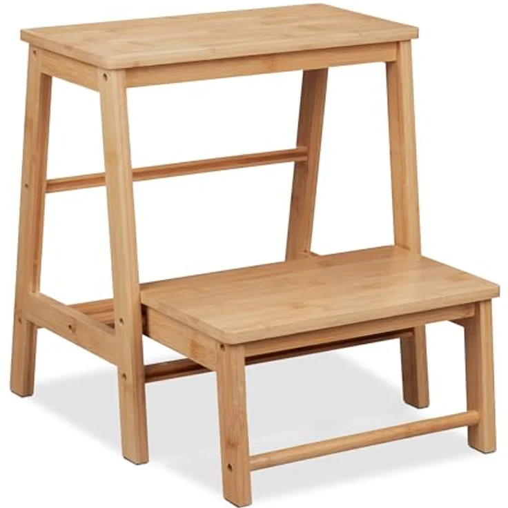 Relaxdays Tritthocker klappbar, 2 Stufen, bis 100 kg, aus Bambus, natur, HBT 48 x 45 x 51 cm, vielseitig einsetzbar für Kinder und Haushalt – Bild 1