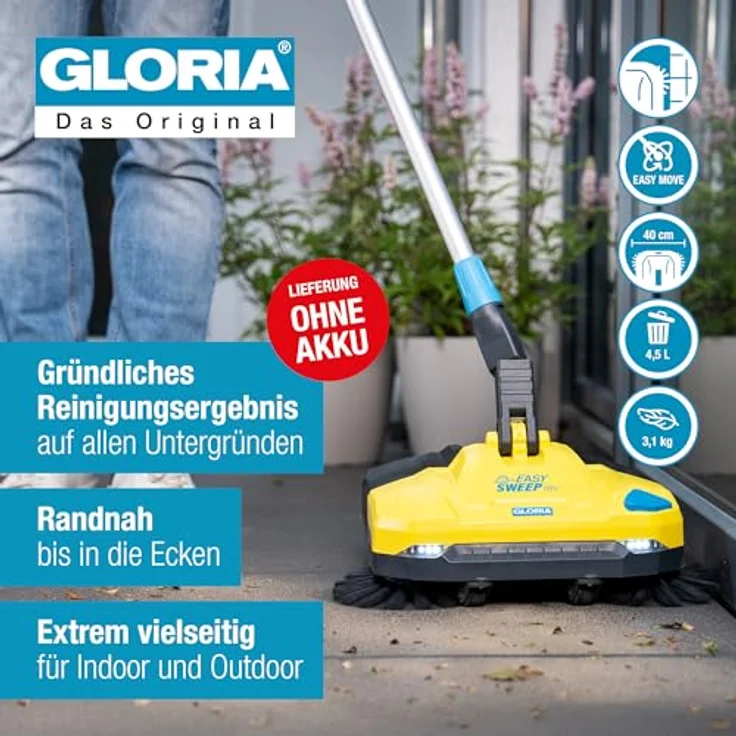 Gloria Haus und Garten EasySweep 18V Kehrmaschine, 40 cm Arbeitsbreite, kraftvoller Akkubetrieb, LED-Beleuchtung, inkl. 4,5 L Auffangbehälter – Bild 2