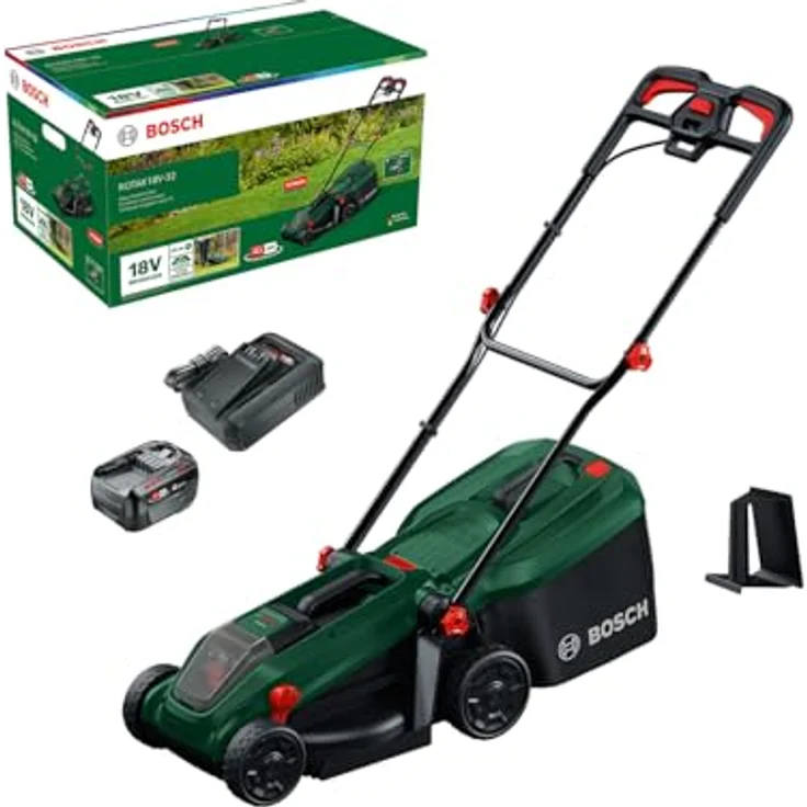 Bosch Akku-Rasenmäher Rotak18V-32, 32 cm Schnittbreite, inkl. 18 V 4,0 Ah Akku und Ladegerät, 3-in-1-Funktionalität – Bild 1
