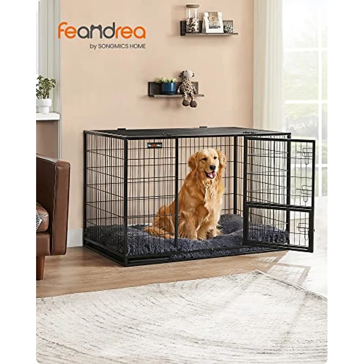 Feandrea Hundekäfig hochbelastbar, Gitterbox für mittelgroße, große Hunde, 122 x 75,5 x 80,5 cm, sicher, 2 abnehmbare Türen, Welpenauslauf, XXL, tintenschwarz – Bild 2