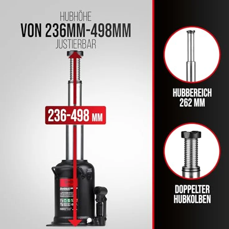 HEYNER® DoubleLift 12t PRO, hydraulischer Doppelhub-Unterstellheber für SUV/LKW, Traglast 12 Tonnen, 3-stufig, mit Tasche, maximaler Hubhöhe 498 mm – Bild 7