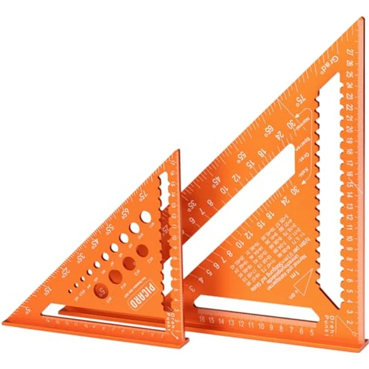 PICARD Zimmermannswinkel Set 180 mm mit Bohrlehre & 300 mm mit Sparrenlehre, Präzise Anschlagwinkel für Holzbau und Dachkonstruktion – Bild 1