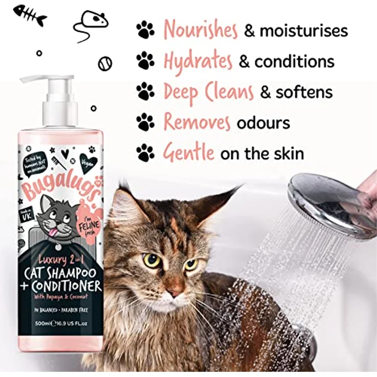 Bugalugs 2in1 Katzenshampoo + Conditioner, 500 ml, pH-neutral, mit Papaya und Kokosnuss, Lake District – Bild 2