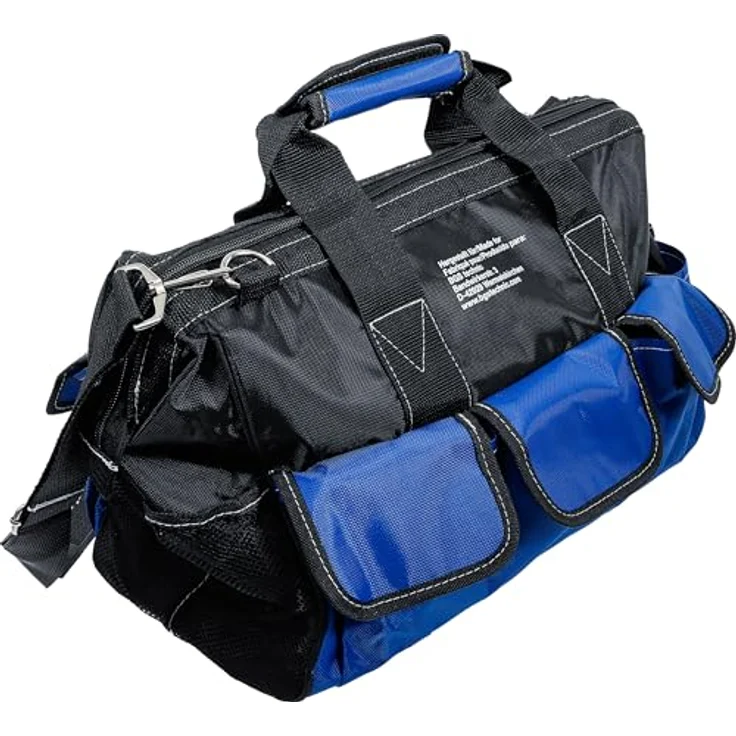 BGS 74390 | Universal Werkzeugtasche | medium | 406 x 190 x 300 mm | strapazierfähig, kompakt, Nylon, 10 Außenfächer, 8 Innenfächer, Tragegriffe, Oberteil weit zu öffnen, abnehmbarer Schultergurt | Schwarz – Bild 3