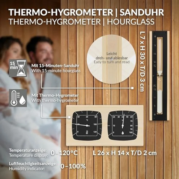 LuxeBath Saunazubehör-Set, 4-teiliges Set aus Aluminium & Naturholz, schwarz, 6L Aufgusskübel mit Griff, Schöpfkelle, Thermo-Hygrometer & 15min Sanduhr, langlebiges Sauna Zubehör – Bild 4