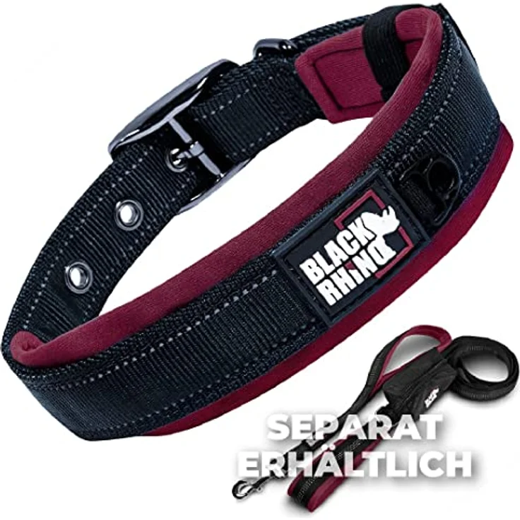 Black Rhino – Das Komforthalsband, superweiches, mit Neopren gepolstertes Hundehalsband für alle Hunderassen – robust, verstellbar, reflektierend, wetterfest (XL, Weinrot/Schwarz) – Bild 5