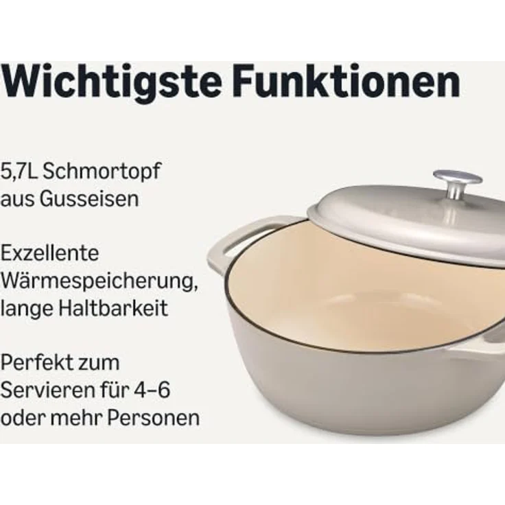 Amazon Basics Schmortopf Rund, emailliertes Gusseisen mit Deckel, 5,7 L, gleichmäßige Wärmeverteilung, leinengrau – Bild 2
