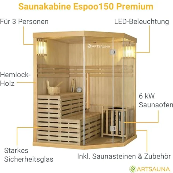 Artsauna Saunakabine Espoo150 Premium mit Harvia Ofen — 3 Personen — Hemlock Holz, Glasfront und LED Licht — Inkl. Thermometer & Sanduhr —Komplett Set – Bild 3