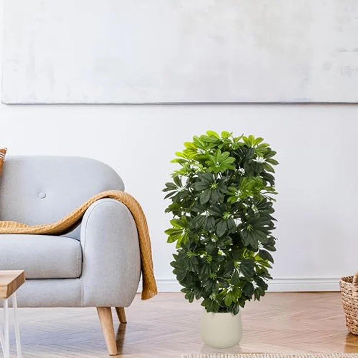 hjh OFFICE Kunstpflanze Schefflera 2 – 110 cm hoch, täuschend echt aus hochwertigem Kunststoff-Mix, pflegeleicht & geruchslos, incl. cremeweißem Kunststoff-Topf mit Zementfuß – Bild 4