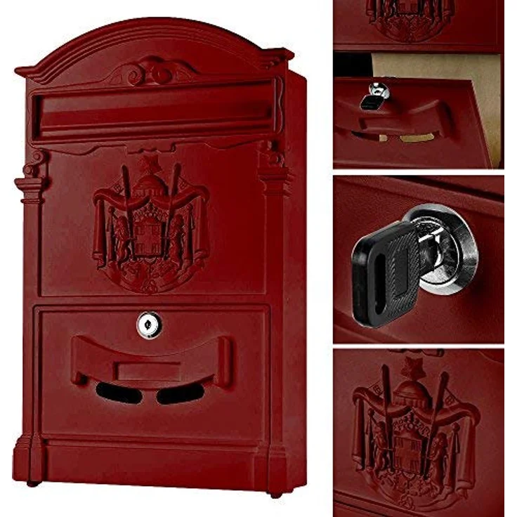 Melko Retro Briefkasten mit A4 Einwurf-Format, Aluguss und Stahl, ca. 25,5 x 8,6 x 41 cm, Rot – Bild 4
