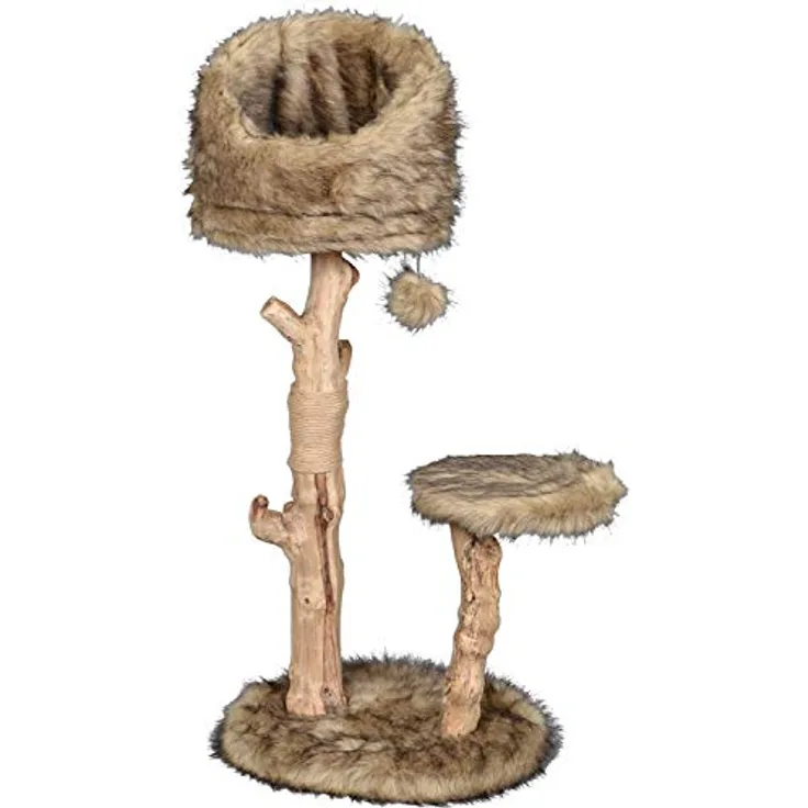 dobar® 35291FSCe Design Kratzbaum "Sunny" 2 Etagen - Echtholz Kratzmöbel für Katzen - Krallenpflege mit Jute - Katzenbaum mit Naturholzstamm inkl. Plüschbezug & Spielball - 50 x 40 x 99-109 cm - Braun