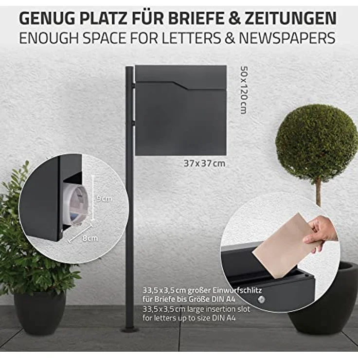 ECD Germany Standbriefkasten mit Zeitungsfach, Design Briefkasten mit Pfosten, Briefkastenanlage, Briefkastenständer Anthrazit 120cm Edelstahl, Postkasten Anthrazit 37x37cm Edelstahl pulverbechichtet – Bild 4