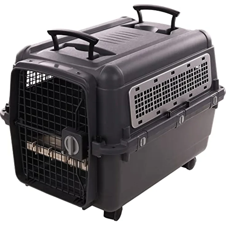 Flamingo Transportkäfig für Hund Lanta Dunkelgrau M - Mit abnehmbarem Futternapf und auslaufsicherem Trinknapf