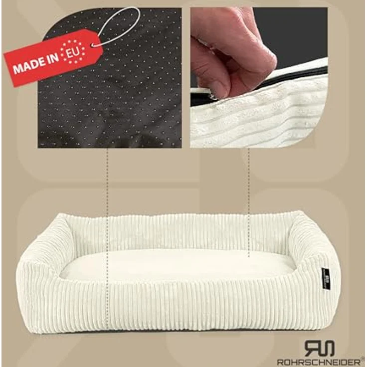 Rohrschneider Hundebett waschbar, für kleine und mittelgroße Hunde, Cordstoff in Vanille, 2 Größen (55x42 cm / 70x50 cm) mit Antirutschunterseite und Wendekissen – Bild 2