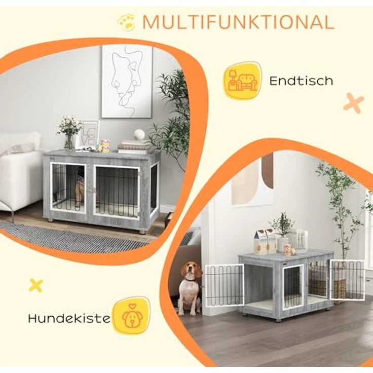 PawHut Hundekäfig Möbel mit 2 Türen, Metall Hundebox für große Hunde bis 25 kg, inklusive Kissen und 2 Verriegelungen, 90 x 58 x 65 cm, Grau – Bild 4