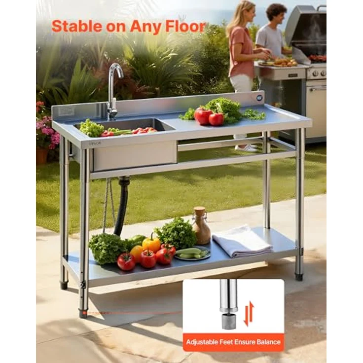 VEVOR Edelstahl Spültisch mit Wasserhahn & Ablage, 120 x 50 x 94 cm, Multifunktionsspüle für Garage, Restaurant und Garten – Bild 6
