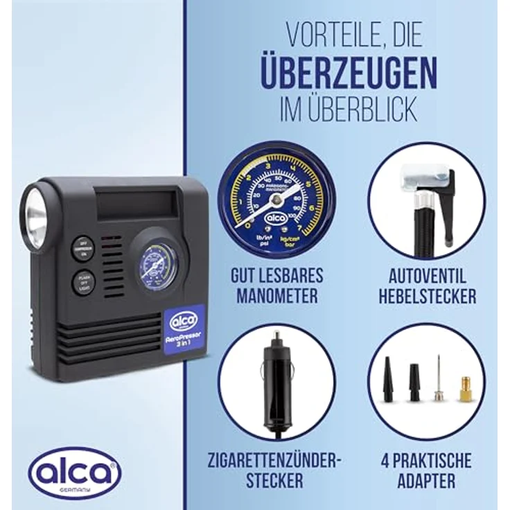 alca® Auto Kompressor mini 3in1 mit Licht, elektrische Luftpumpe 12V, 21 bar, Zigarettenanzünder – Bild 4