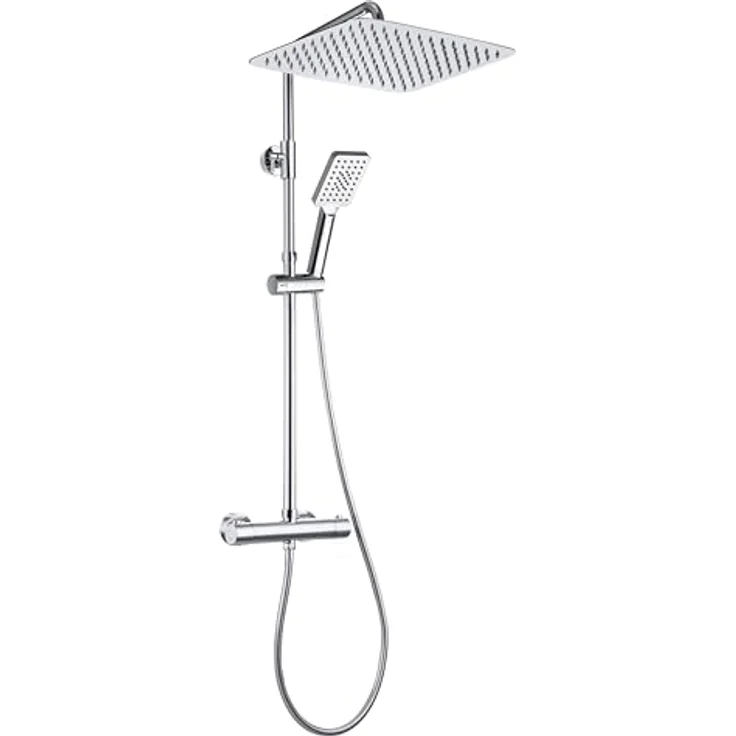 Görbach Regendusche Duschsystem mit Thermostat, Kopfbrause 35x25 cm, Edelstahl Chrom, 3 Strahlarten, höhenverstellbar, inklusive 150 cm Duschschlauch – Bild 1