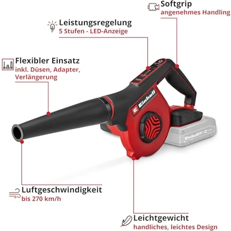 Einhell Expert Akku-Bläser TE-CB 18/270 Li Solo, 270 km/h Luftgeschwindigkeit, 5 Geschwindigkeitsstufen, inkl. Düsen und Verlängerungsrohr – Bild 3