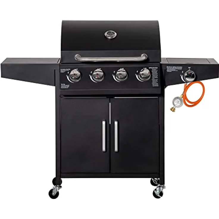 Outsunny Gasgrill BBQ mit 4 Brennern je 3 kw mobiler Grillwagen mit 4 Rädern Grillnetz Seitentischen Druckminderer Schläuche Schrank Multifunktion Stahl Schwarz 132,4 x 55 x 109 cm - Preisvergleich – Bild 1