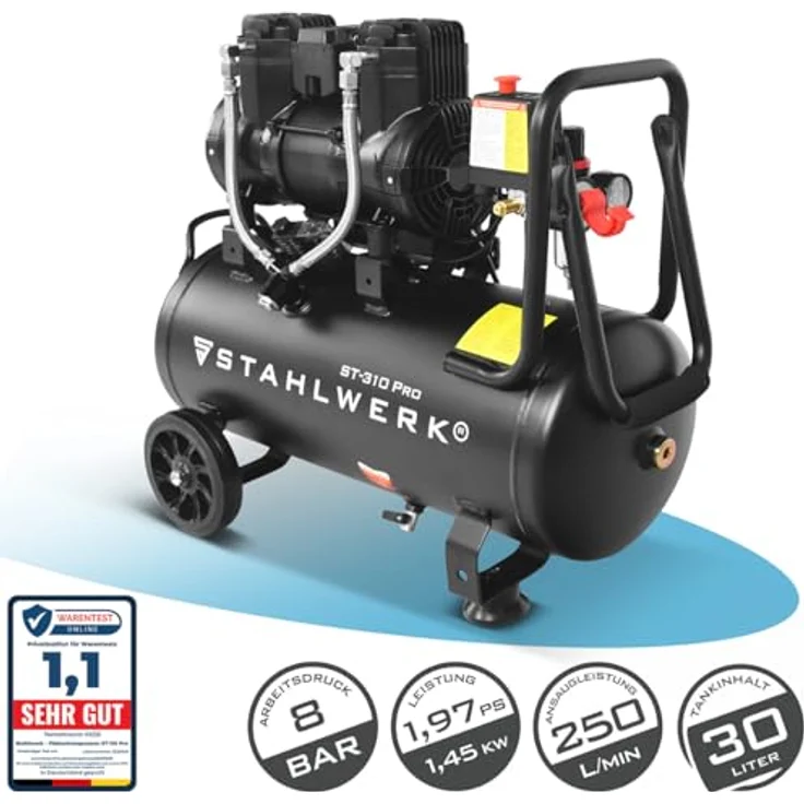 STAHLWERK Kompressor ST-310 Pro, 8 bar, 30 L, 1,97 PS, 250 l/min, ölfrei, leise mit 70 dB – Bild 2