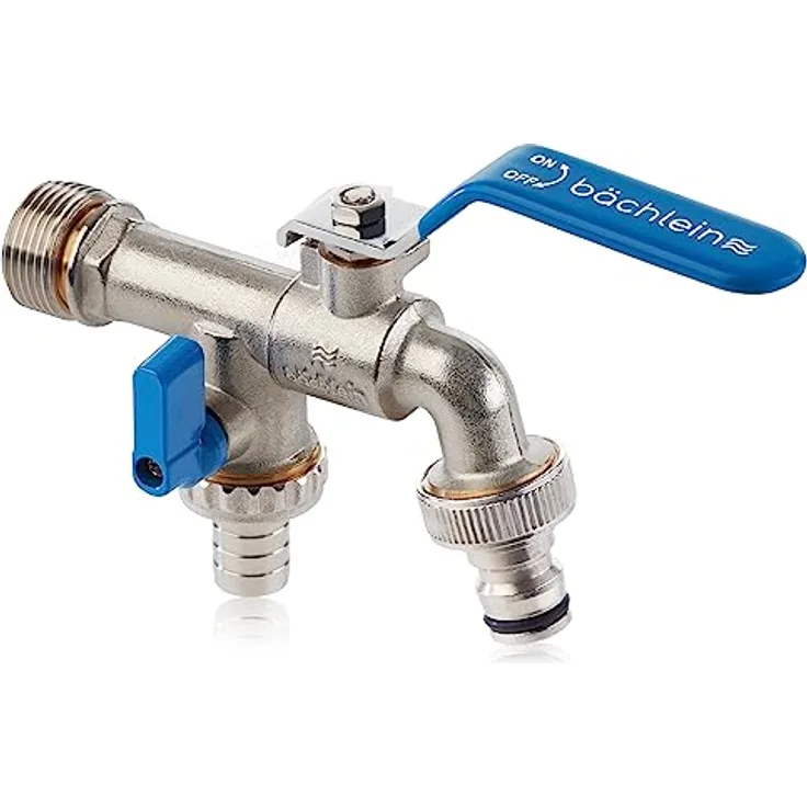Bächlein Universal Doppel Auslaufhahn für den Garten [blau] inkl. 2 Schlauchanschlüssen - edler Doppelwasserhahn mit 1/2 und 3/4 Zoll Anschluss, Doppel Kugel-Auslaufventil